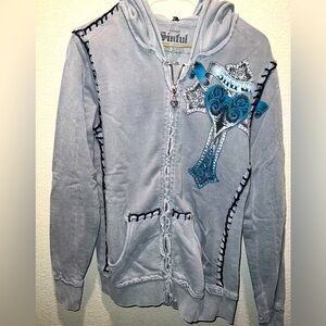 Size M, Sinful zip front hoodie, distressed look - lightly used